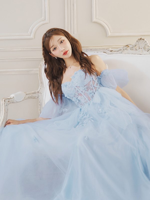 画像5: Lサイズあり【JEAN MACLEAN/ジャンマクレーン】2way/ パフスリーブ付き/ ベア/ 立体フラワー/ シアー/ チュールリボン/ Aライン/ フレア/ プリンセス/ ロングドレス/ キャバドレス long【HC02】 (5)