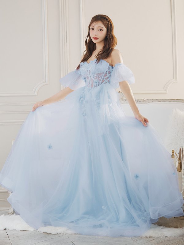 画像6: Lサイズあり【JEAN MACLEAN/ジャンマクレーン】2way/ パフスリーブ付き/ ベア/ 立体フラワー/ シアー/ チュールリボン/ Aライン/ フレア/ プリンセス/ ロングドレス/ キャバドレス long【HC02】 (6)