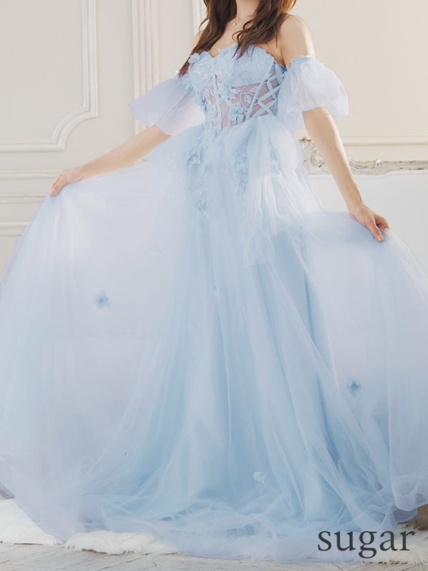 画像8: Lサイズあり【JEAN MACLEAN/ジャンマクレーン】2way/ パフスリーブ付き/ ベア/ 立体フラワー/ シアー/ チュールリボン/ Aライン/ フレア/ プリンセス/ ロングドレス/ キャバドレス long【HC02】 (8)