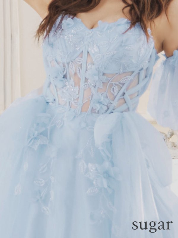 画像9: Lサイズあり【JEAN MACLEAN/ジャンマクレーン】2way/ パフスリーブ付き/ ベア/ 立体フラワー/ シアー/ チュールリボン/ Aライン/ フレア/ プリンセス/ ロングドレス/ キャバドレス long【HC02】 (9)