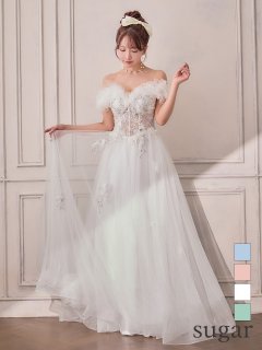 【JEAN MACLEAN ジャンマクレーン】フリルオフショルダー 立体フラワー チュール ロングドレス