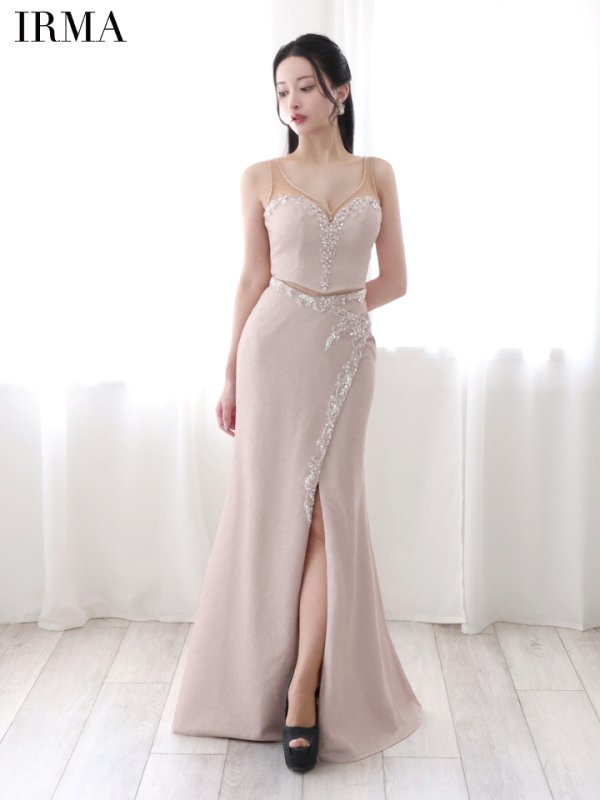 画像2: 【IRMA/イルマ】ラメニット/ ビジュー/ ノースリーブ/ スリット/ マーメイド/ ツーピース/ ロングドレス/ キャバドレス long【HC02】 (2)