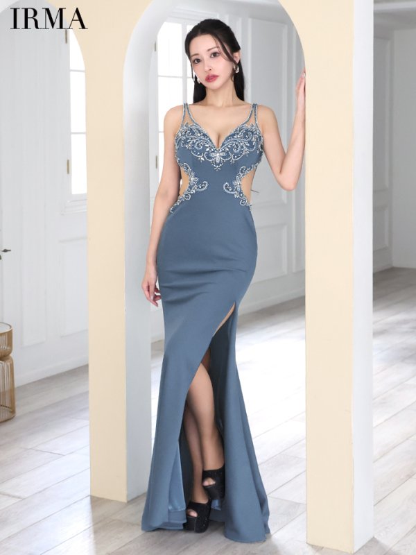 画像2: 【IRMA/イルマ】ビジュー/ ウエストシアー/ ノースリーブ/ バックスピンドル/ スリット/ ストレッチ/ マーメイド/ ロングドレス/ キャバドレス long【HC02】 (2)