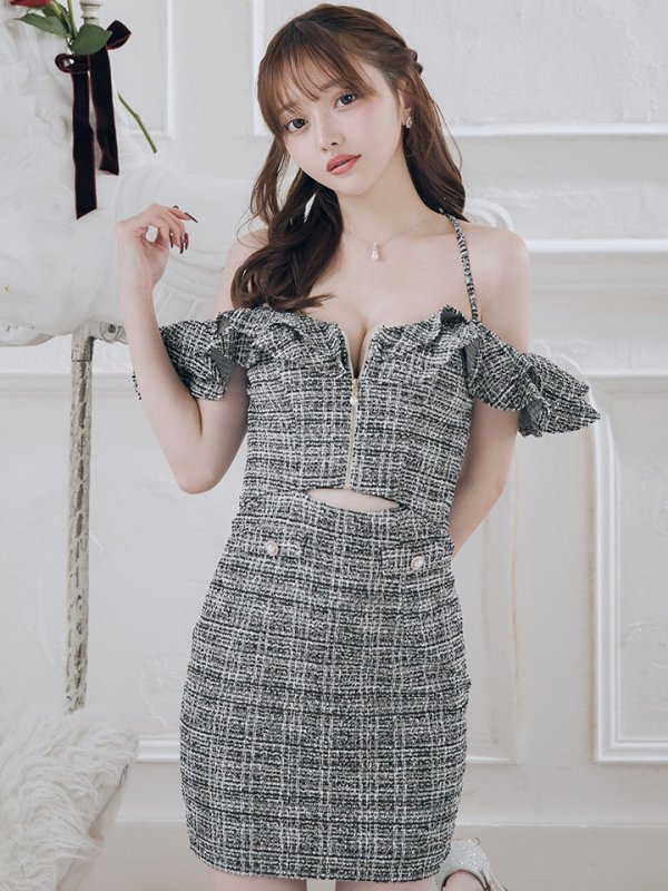 画像5: XSサイズあり【IRMA/イルマ】ツイード/ キャミソール/ フリル/ オフショルダー/ カットアウト/ タイト/ ミニドレス/ キャバドレス【HC02】 (5)