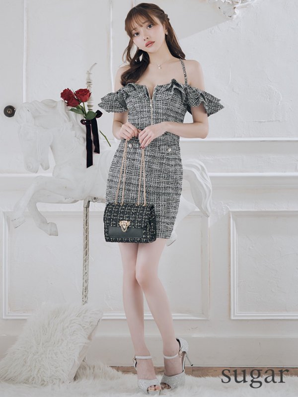 画像7: XSサイズあり【IRMA/イルマ】ツイード/ キャミソール/ フリル/ オフショルダー/ カットアウト/ タイト/ ミニドレス/ キャバドレス【HC02】 (7)