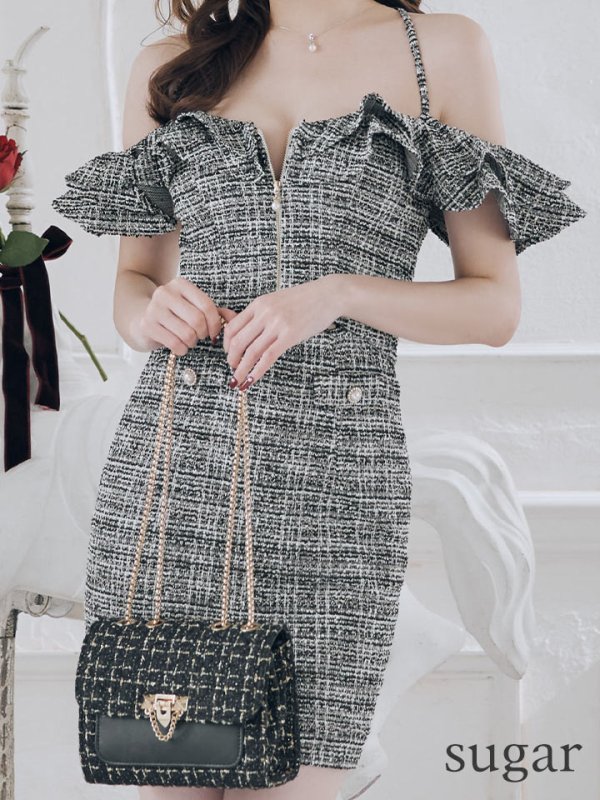 画像8: XSサイズあり【IRMA/イルマ】ツイード/ キャミソール/ フリル/ オフショルダー/ カットアウト/ タイト/ ミニドレス/ キャバドレス【HC02】 (8)