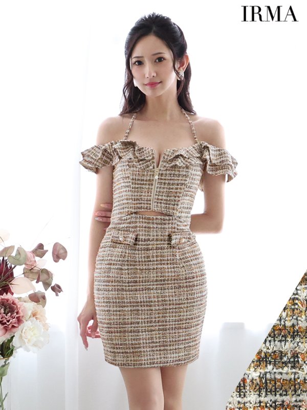 画像16: XSサイズあり【IRMA/イルマ】ツイード/ キャミソール/ フリル/ オフショルダー/ カットアウト/ タイト/ ミニドレス/ キャバドレス【HC02】 (16)