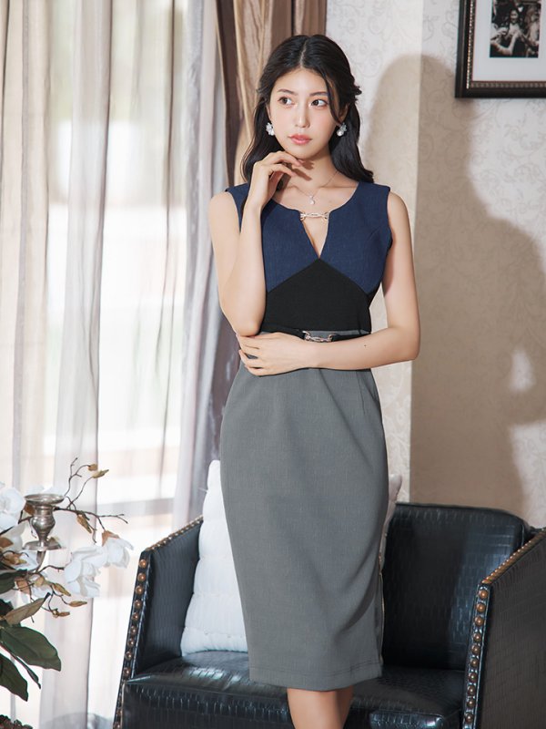 画像7: 【JEAN MACLEAN/ジャンマクレーン】バイカラー/ ウエストベルト/ バックル/ ノースリーブ/ タイト/ ひざ丈/ ミディアムドレス/ キャバドレス【HC02】 (7)