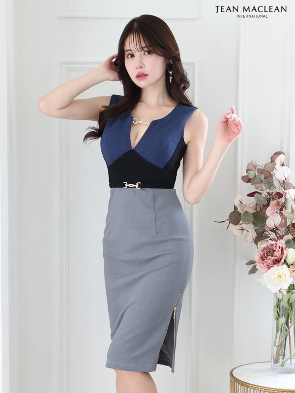 画像15: 【JEAN MACLEAN/ジャンマクレーン】バイカラー/ ウエストベルト/ バックル/ ノースリーブ/ タイト/ ひざ丈/ ミディアムドレス/ キャバドレス【HC02】 (15)