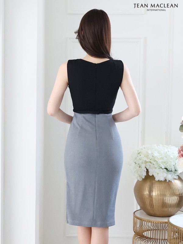 画像16: 【JEAN MACLEAN/ジャンマクレーン】バイカラー/ ウエストベルト/ バックル/ ノースリーブ/ タイト/ ひざ丈/ ミディアムドレス/ キャバドレス【HC02】 (16)