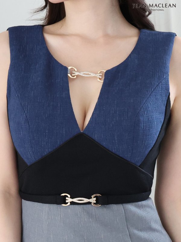 画像17: 【JEAN MACLEAN/ジャンマクレーン】バイカラー/ ウエストベルト/ バックル/ ノースリーブ/ タイト/ ひざ丈/ ミディアムドレス/ キャバドレス【HC02】 (17)