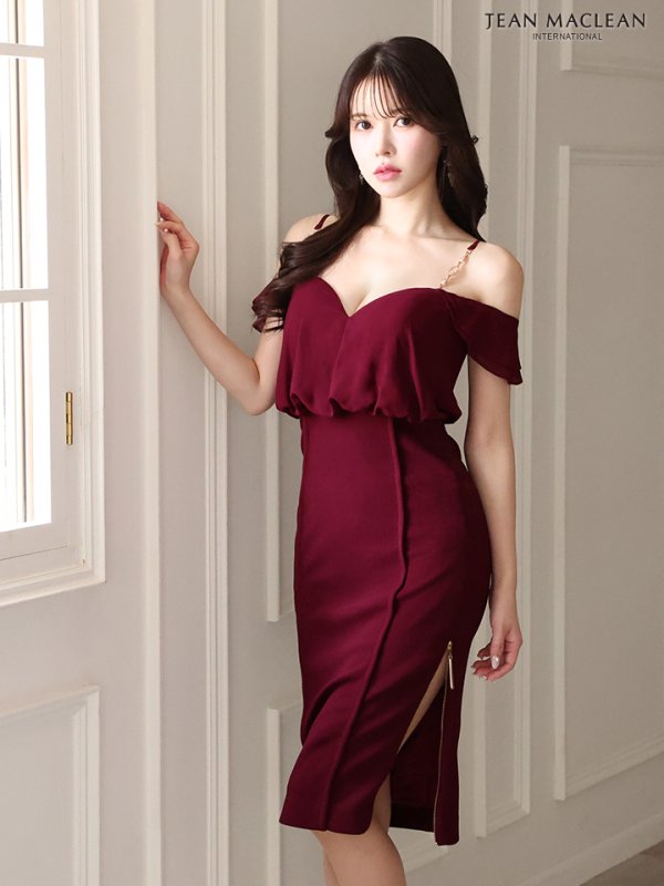 画像5: Lサイズあり【JEAN MACLEAN/ジャンマクレーン】シンプル/ ワンカラー/ オフショル/ サイドジップ/ タイト/ 膝丈/ ミディアムドレス/ キャバドレス【HC02】 (5)