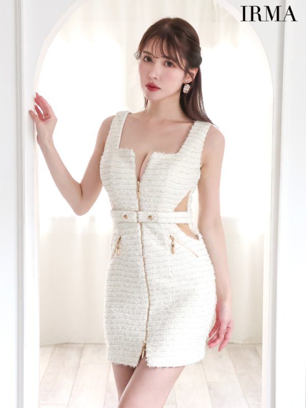 画像3: XSサイズあり【IRMA/イルマ】ラメツイード/ ノースリーブ/ フロントジップ/ サイドシアー/ タイト/ ミニドレス/ キャバドレス【HC02】 (3)