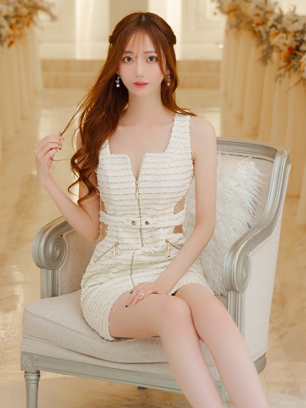 画像4: XSサイズあり【IRMA/イルマ】ラメツイード/ ノースリーブ/ フロントジップ/ サイドシアー/ タイト/ ミニドレス/ キャバドレス【HC02】 (4)