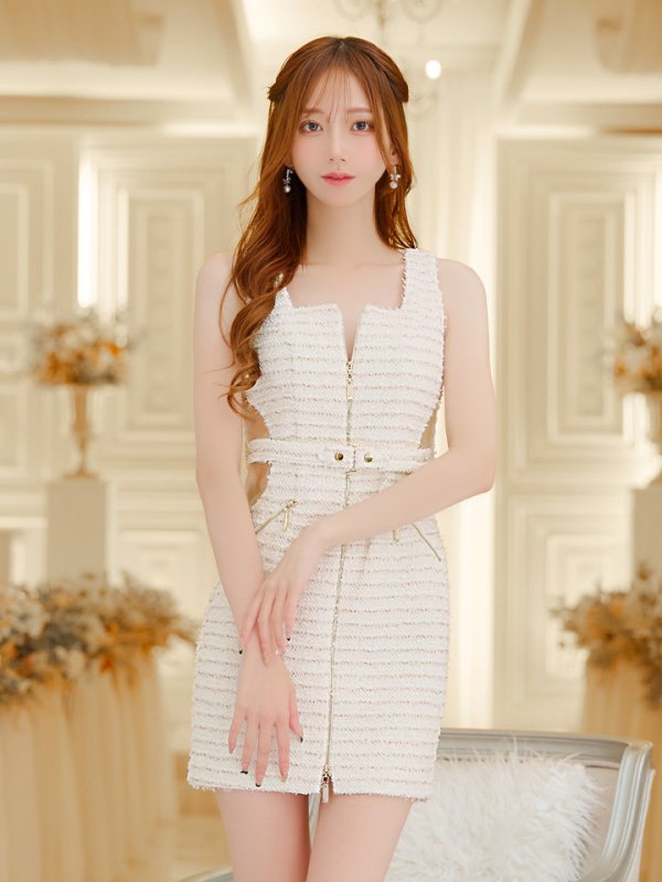 画像6: XSサイズあり【IRMA/イルマ】ラメツイード/ ノースリーブ/ フロントジップ/ サイドシアー/ タイト/ ミニドレス/ キャバドレス【HC02】 (6)