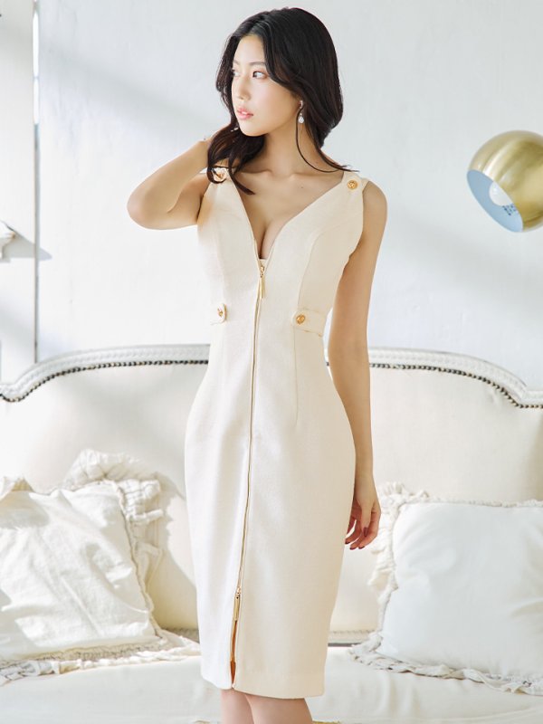 画像6: Lサイズあり【JEAN MACLEAN/ジャンマクレーン】ツイード/ ノースリーブ/ フロントジップ/ ボタン/ タイト/ 膝丈/ ミディアムドレス/ キャバドレス【HC02】 (6)