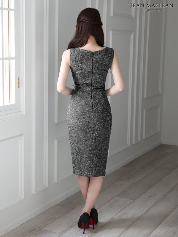 画像15: Lサイズあり【JEAN MACLEAN/ジャンマクレーン】ツイード/ ノースリーブ/ フロントジップ/ ボタン/ タイト/ 膝丈/ ミディアムドレス/ キャバドレス【HC02】 (15)