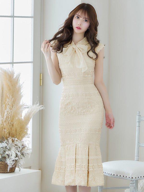 画像2: sugarオリジナルドレス★ Lサイズあり!!【sugar】マーメイド/ リボンネック/ フラワーレース/ ノースリーブ/ ワンピース/ ミモレ丈/ タイト/ ミディアムドレス/ キャバドレス[OF08] (2)