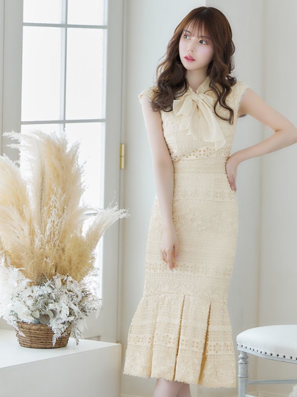 画像6: sugarオリジナルドレス★ Lサイズあり!!【sugar】マーメイド/ リボンネック/ フラワーレース/ ノースリーブ/ ワンピース/ ミモレ丈/ タイト/ ミディアムドレス/ キャバドレス[OF08] (6)