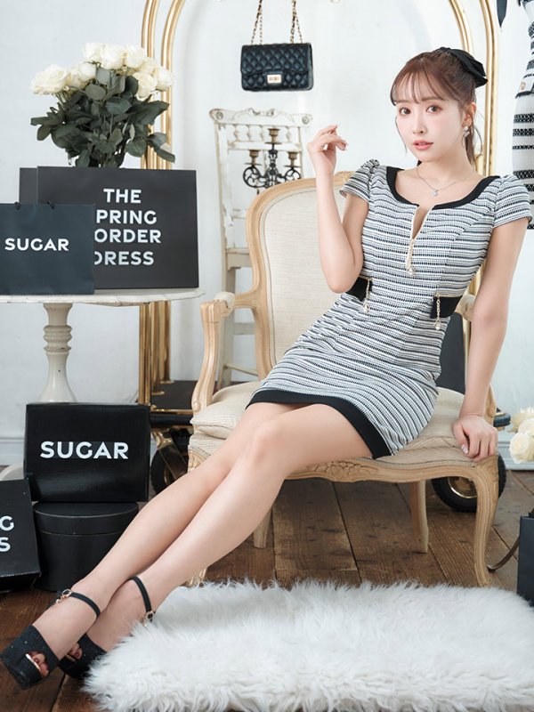 画像2: Lサイズあり【IRMA/イルマ】ツイード/ フロントジップ/ 半袖/ 袖あり/ チャーム/ タイト/ ミニドレス/ キャバドレス【HC02】 (2)