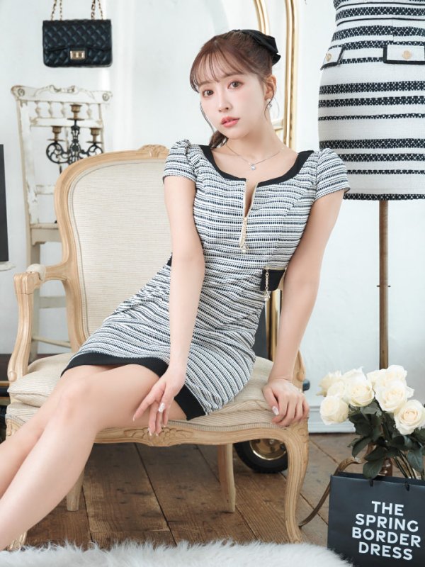 画像3: Lサイズあり【IRMA/イルマ】ツイード/ フロントジップ/ 半袖/ 袖あり/ チャーム/ タイト/ ミニドレス/ キャバドレス【HC02】 (3)