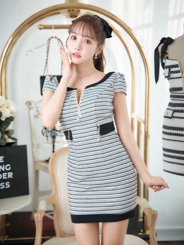 画像6: Lサイズあり【IRMA/イルマ】ツイード/ フロントジップ/ 半袖/ 袖あり/ チャーム/ タイト/ ミニドレス/ キャバドレス【HC02】 (6)