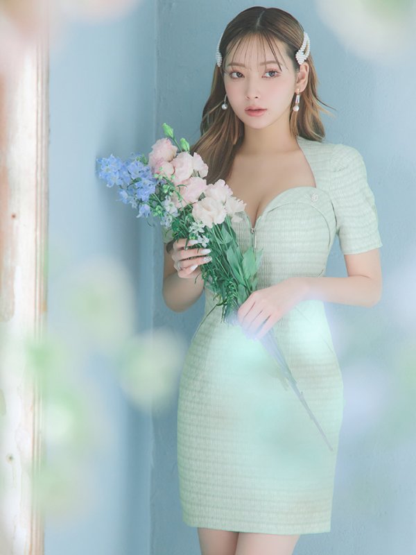 画像2: sugarオリジナルカラー・XSサイズあり【IRMA/イルマ】ツイード/ フロントジップ/ 半袖/ 袖あり/ ボタン/ タイト/ ミニドレス/ キャバドレス【HC02】 (2)