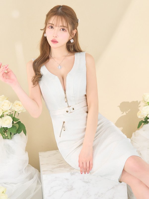 画像2: Lサイズあり【JEAN MACLEAN/ジャンマクレーン】ツイード/ フロントジップ/ ノースリーブ/ ポケット/ タイト/ ひざ丈/ ミディアムドレス/ キャバドレス【HC02】 (2)