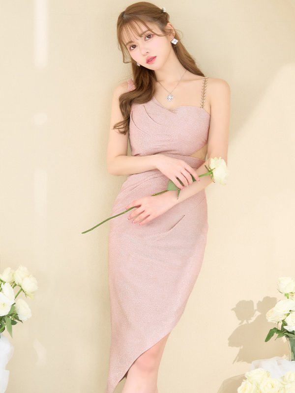 画像3: sugarオリジナルカラー・Lサイズあり【JEAN MACLEAN/ジャンマクレーン】ラメニット/ ワンショル/ チェーン/ タック/ ストレッチ/ アシメスカート/ タイト/ ミディアムドレス/ キャバドレス【HC02】 (3)