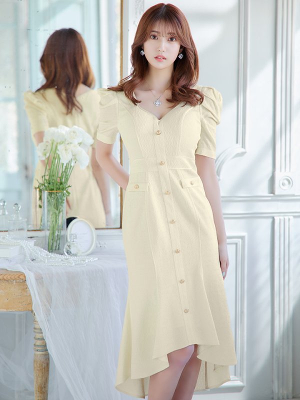 画像2: sugarオリジナルカラー・Lサイズあり【JEAN MACLEAN/ジャンマクレーン】シンプル/ ワンカラー/ マーメイド/ パフスリーブ/ 半袖/ 袖あり/ 膝丈/ ミディアムドレス/ キャバドレス【HC02】 (2)