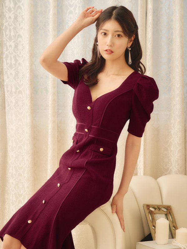 画像13: sugarオリジナルカラー・Lサイズあり【JEAN MACLEAN/ジャンマクレーン】シンプル/ ワンカラー/ マーメイド/ パフスリーブ/ 半袖/ 袖あり/ 膝丈/ ミディアムドレス/ キャバドレス【HC02】 (13)