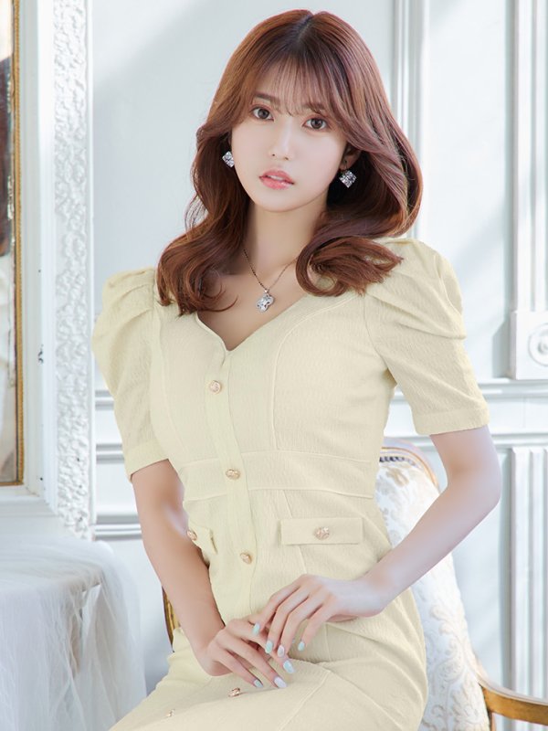 画像3: sugarオリジナルカラー・Lサイズあり【JEAN MACLEAN/ジャンマクレーン】シンプル/ ワンカラー/ マーメイド/ パフスリーブ/ 半袖/ 袖あり/ 膝丈/ ミディアムドレス/ キャバドレス【HC02】 (3)