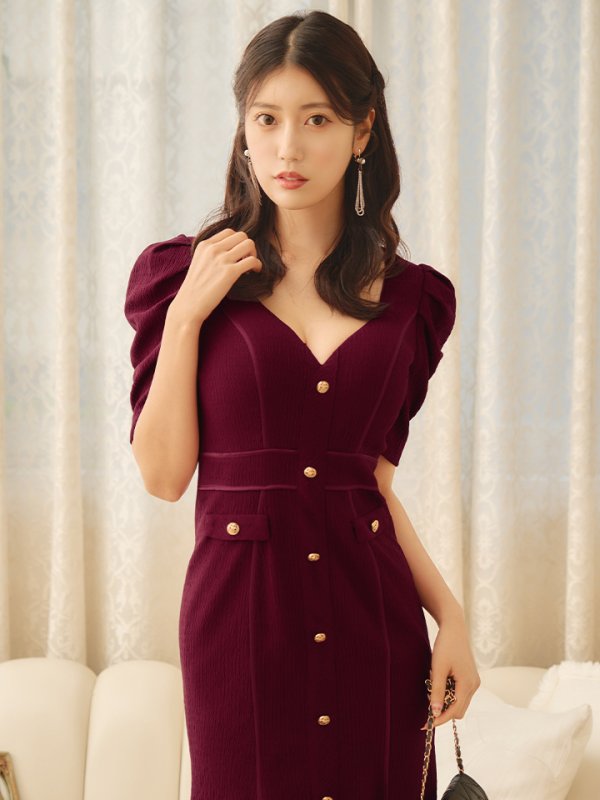 画像16: sugarオリジナルカラー・Lサイズあり【JEAN MACLEAN/ジャンマクレーン】シンプル/ ワンカラー/ マーメイド/ パフスリーブ/ 半袖/ 袖あり/ 膝丈/ ミディアムドレス/ キャバドレス【HC02】 (16)