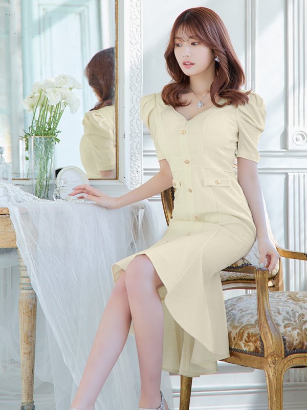 画像6: sugarオリジナルカラー・Lサイズあり【JEAN MACLEAN/ジャンマクレーン】シンプル/ ワンカラー/ マーメイド/ パフスリーブ/ 半袖/ 袖あり/ 膝丈/ ミディアムドレス/ キャバドレス【HC02】 (6)