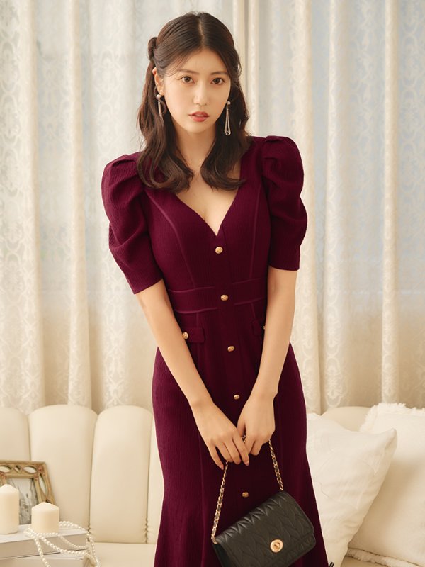 画像17: sugarオリジナルカラー・Lサイズあり【JEAN MACLEAN/ジャンマクレーン】シンプル/ ワンカラー/ マーメイド/ パフスリーブ/ 半袖/ 袖あり/ 膝丈/ ミディアムドレス/ キャバドレス【HC02】 (17)