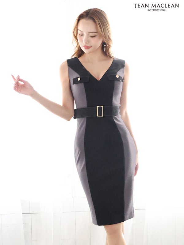 画像21: Lサイズあり【JEAN MACLEAN/ジャンマクレーン】バイカラー/ ウエストベルト/ Vネック/ ノースリーブ/ タイト/ ひざ丈/ ミディアムドレス/ キャバドレス[OF2A] (21)