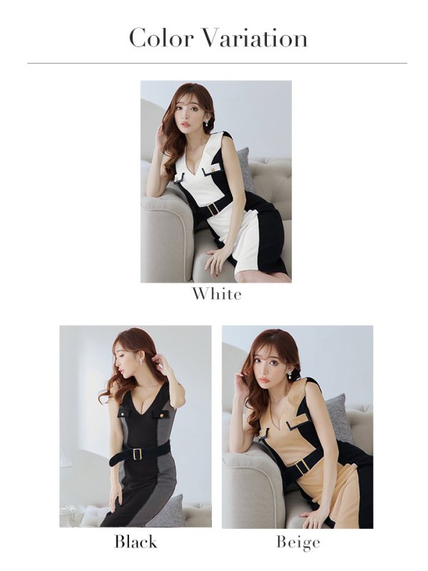 画像23: Lサイズあり【JEAN MACLEAN/ジャンマクレーン】バイカラー/ ウエストベルト/ Vネック/ ノースリーブ/ タイト/ ひざ丈/ ミディアムドレス/ キャバドレス[OF2A] (23)