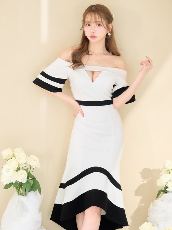 画像5: 再入荷！【JEAN MACLEAN/ジャンマクレーン】オフショル/ バイカラー/ 半袖/ 袖あり/ 裾フリル/ ひざ丈/ マーメイド/ ミディアムドレス/ キャバドレス[OF2A] (5)