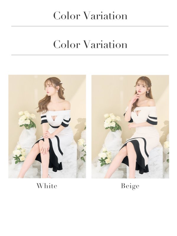 画像19: 再入荷！【JEAN MACLEAN/ジャンマクレーン】オフショル/ バイカラー/ 半袖/ 袖あり/ 裾フリル/ ひざ丈/ マーメイド/ ミディアムドレス/ キャバドレス[OF2A] (19)