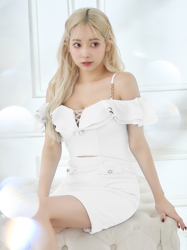 画像14: 【IRMA/イルマ】ワンカラー/ フリル/ オフショル/ キャミソール/ カットアウト/ タイト/ ミニドレス/ キャバドレス[OF2A] (14)