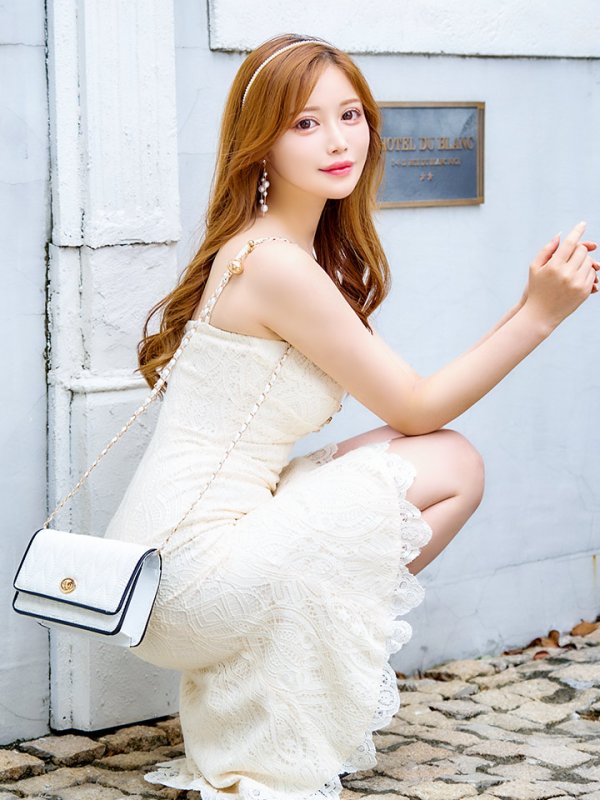 画像2: 【JEAN MACLEAN/ジャンマクレーン】総レース/ キャミソール/ マーメイド/ パールボタン/ 膝丈/ ミディアムドレス/ キャバドレス[OF2A] (2)