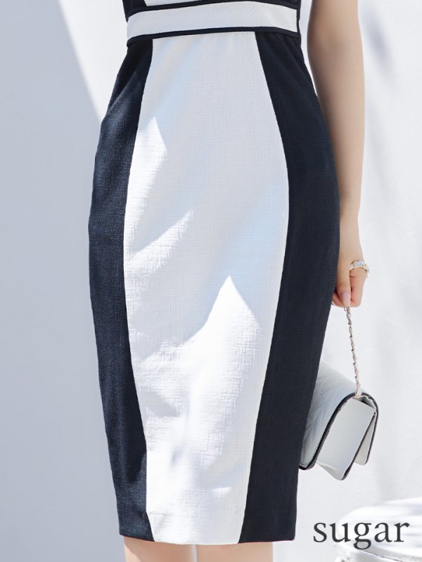 画像11: Lサイズあり【JEAN MACLEAN/ジャンマクレーン】バイカラー切替/ レース/ カットアウト/ ノースリーブ/ タイト/ ひざ丈/ ミディアムドレス/ キャバドレス[OF2A] (11)