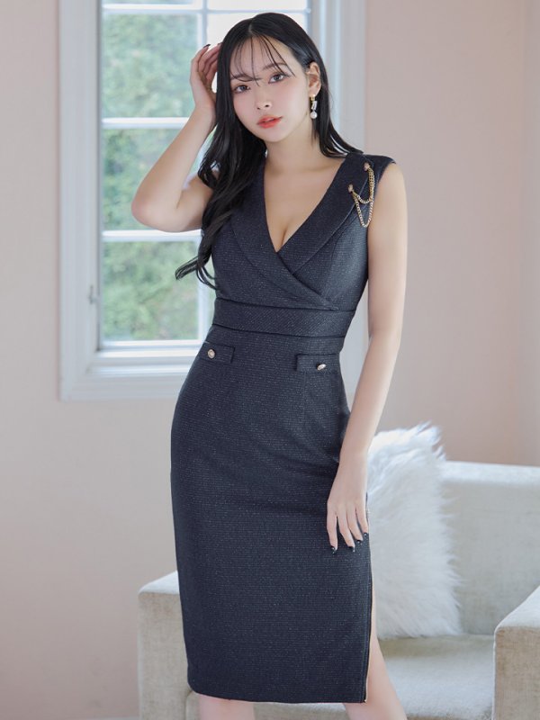 画像6: Lサイズあり【JEAN MACLEAN/ジャンマクレーン】襟付きデザイン/ ワンカラー/ ノースリーブ/ チェーン/ ひざ丈/ タイト/ ミディアムドレス/ キャバドレス[HC02] (6)