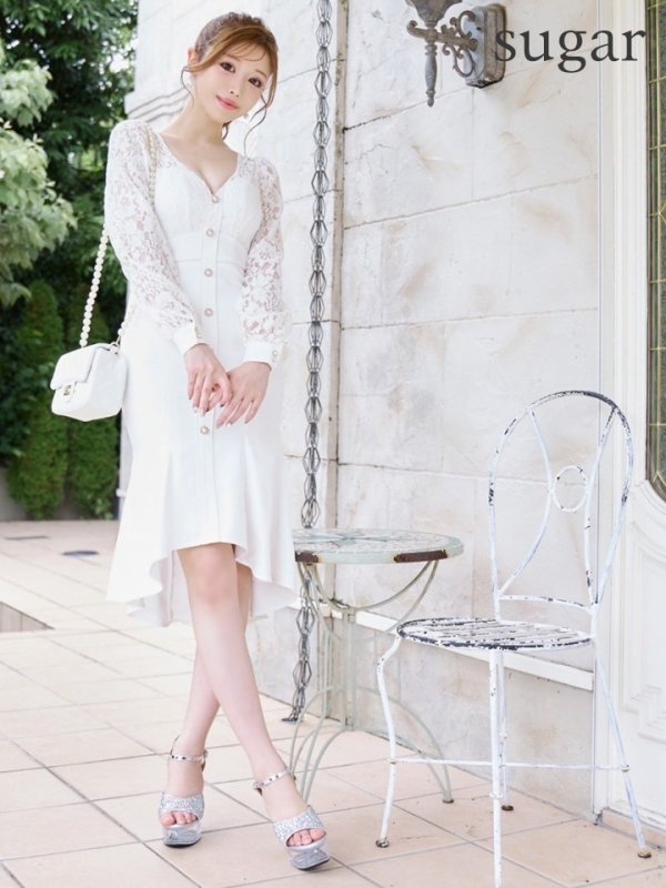 画像8: Lサイズあり【JEAN MACLEAN/ジャンマクレーン】レース/ パールボタン/ ロングスリーブ/ 袖あり/ 膝丈/ マーメイド/ ミディアムドレス/ キャバドレス[OF2A] (8)