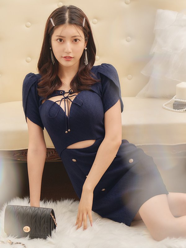 画像5: XSサイズあり【IRMA/イルマ】ワンカラー/ カットアウト/ リボン/ パフスリーブ/ 袖あり/ タイト/ ミニドレス/ キャバドレス[OF2A] (5)