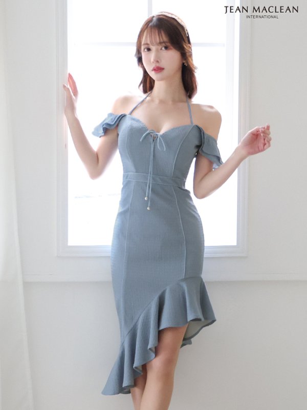 画像4: Lサイズあり【JEAN MACLEAN/ジャンマクレーン】ホルターネック/ オフショル/ 半袖/ 袖あり/ アシンメトリー/ 裾フリル/ タイト/ ひざ丈/ ミディアムドレス/ キャバドレス[OF2A] (4)