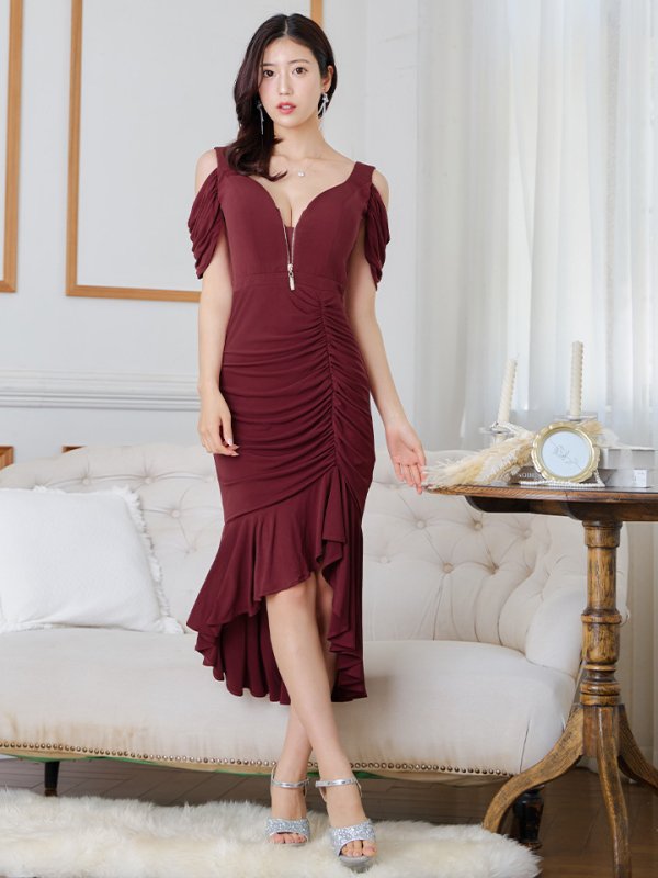 画像4: Lサイズあり【JEAN MACLEAN/ジャンマクレーン】マーメイド/ ワンカラー/ ニット/ フリルテール/ フロントジップ/ ストレッチ/ ひざ丈/ ミディアムドレス/ キャバドレス[OF2A] (4)