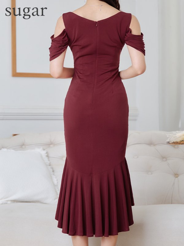 画像11: Lサイズあり【JEAN MACLEAN/ジャンマクレーン】マーメイド/ ワンカラー/ ニット/ フリルテール/ フロントジップ/ ストレッチ/ ひざ丈/ ミディアムドレス/ キャバドレス[OF2A] (11)