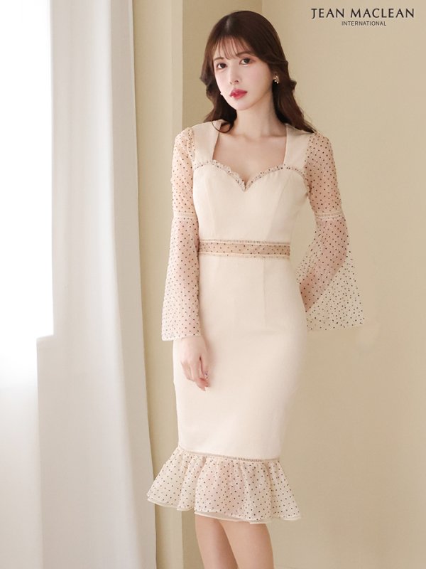 画像2: Lサイズあり【JEAN MACLEAN/ジャンマクレーン】フリル/ ドット/ シアー/ レース/ 袖あり/ 長袖/ マーメイド/ ひざ丈/ ミディアムドレス/ キャバドレス[OF2A] (2)