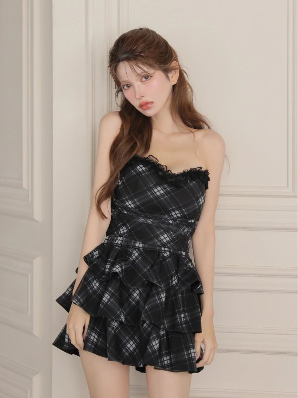 画像20: 【予約商品/10月上旬発送予定】XSサイズあり【ROBE de FLEURS/ローブドフルール】チェック/ ベアトップ/ フリル/ ティアード/ フレア/ セットアップ/ ミニドレス/ キャバドレス[OF08] (20)